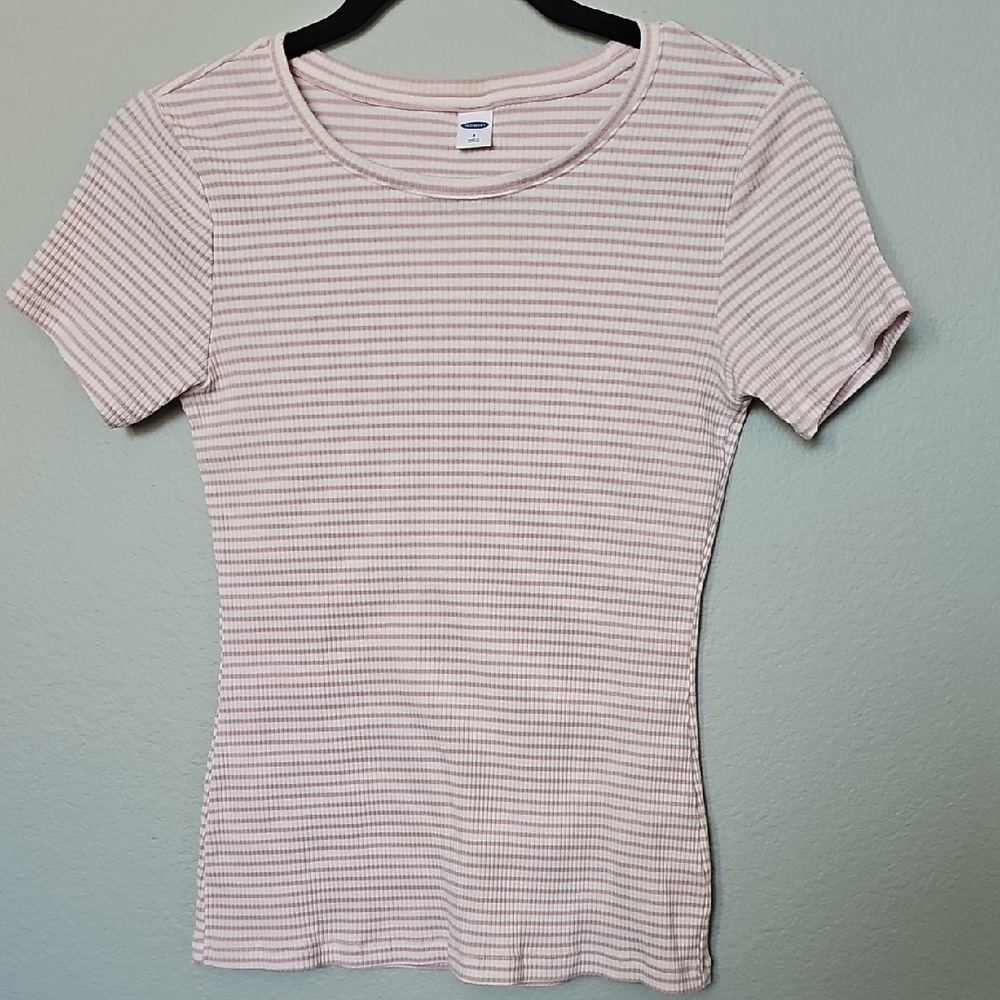 Old Navy Women's Ribbed Short Sleeve Fitted Tee Top Pink White Y2K Stripe Small
